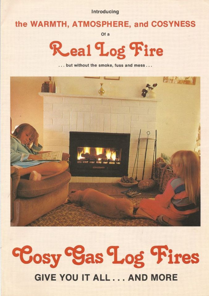 Dad's first successful business venture (after leaving Cape Town) was Cosy Gas Log Fires. He built and sold these fireplaces. This is the company brochure (I'm the one in the blue nightgown)...